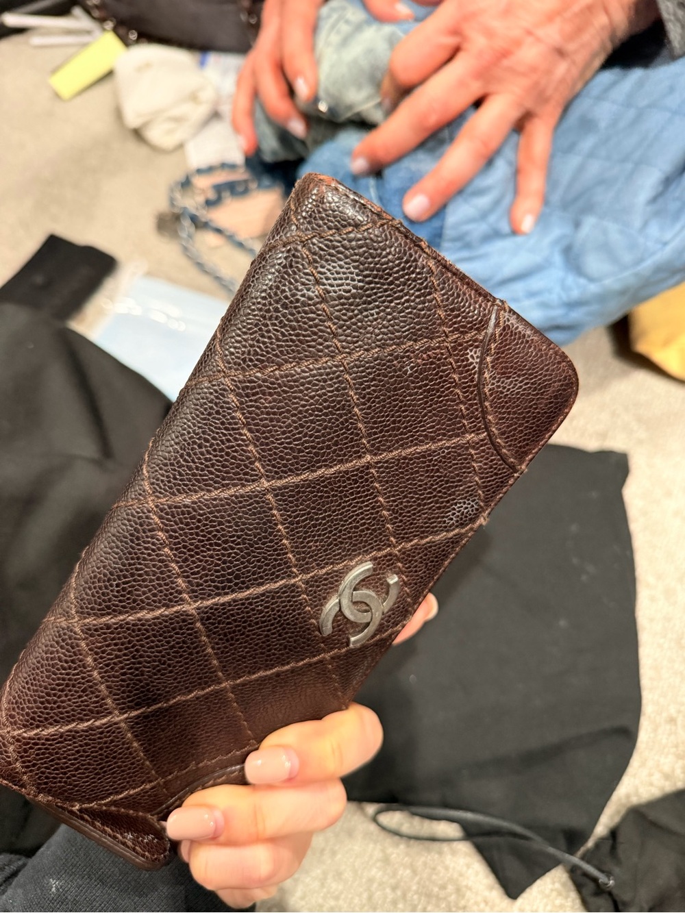 CHANEL Dark Brown Quilted Leather Zip Wallet with Silver CC